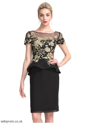 Amara Sheath/Column Scoop Neck Knee-Length Chiffon Mother of the Bride Dress With Lace Cascading Ruffles SWK126P0014887