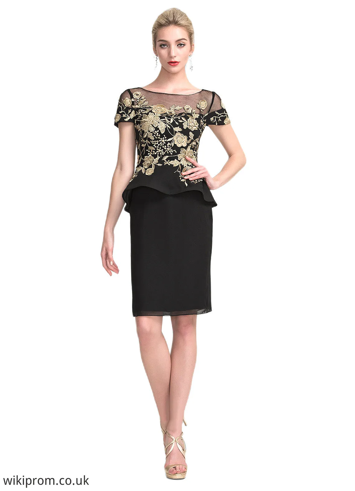 Amara Sheath/Column Scoop Neck Knee-Length Chiffon Mother of the Bride Dress With Lace Cascading Ruffles SWK126P0014887
