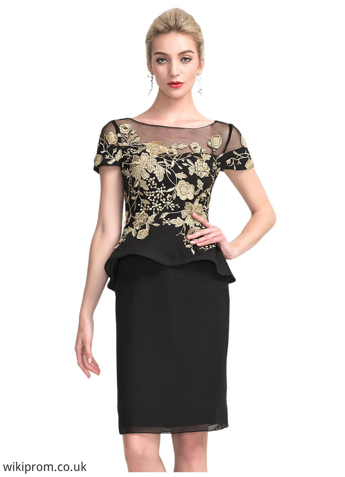 Amara Sheath/Column Scoop Neck Knee-Length Chiffon Mother of the Bride Dress With Lace Cascading Ruffles SWK126P0014887