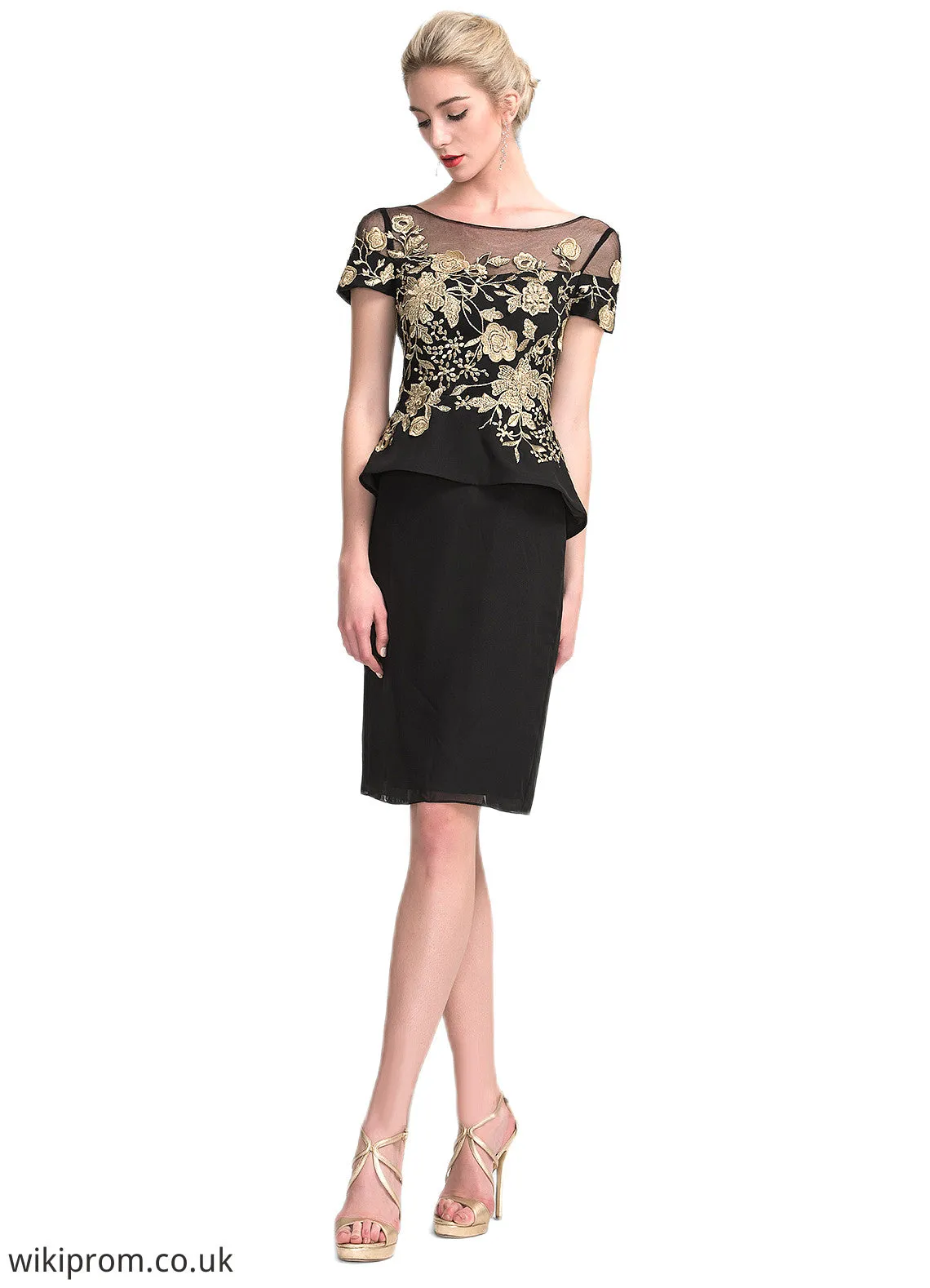 Amara Sheath/Column Scoop Neck Knee-Length Chiffon Mother of the Bride Dress With Lace Cascading Ruffles SWK126P0014887