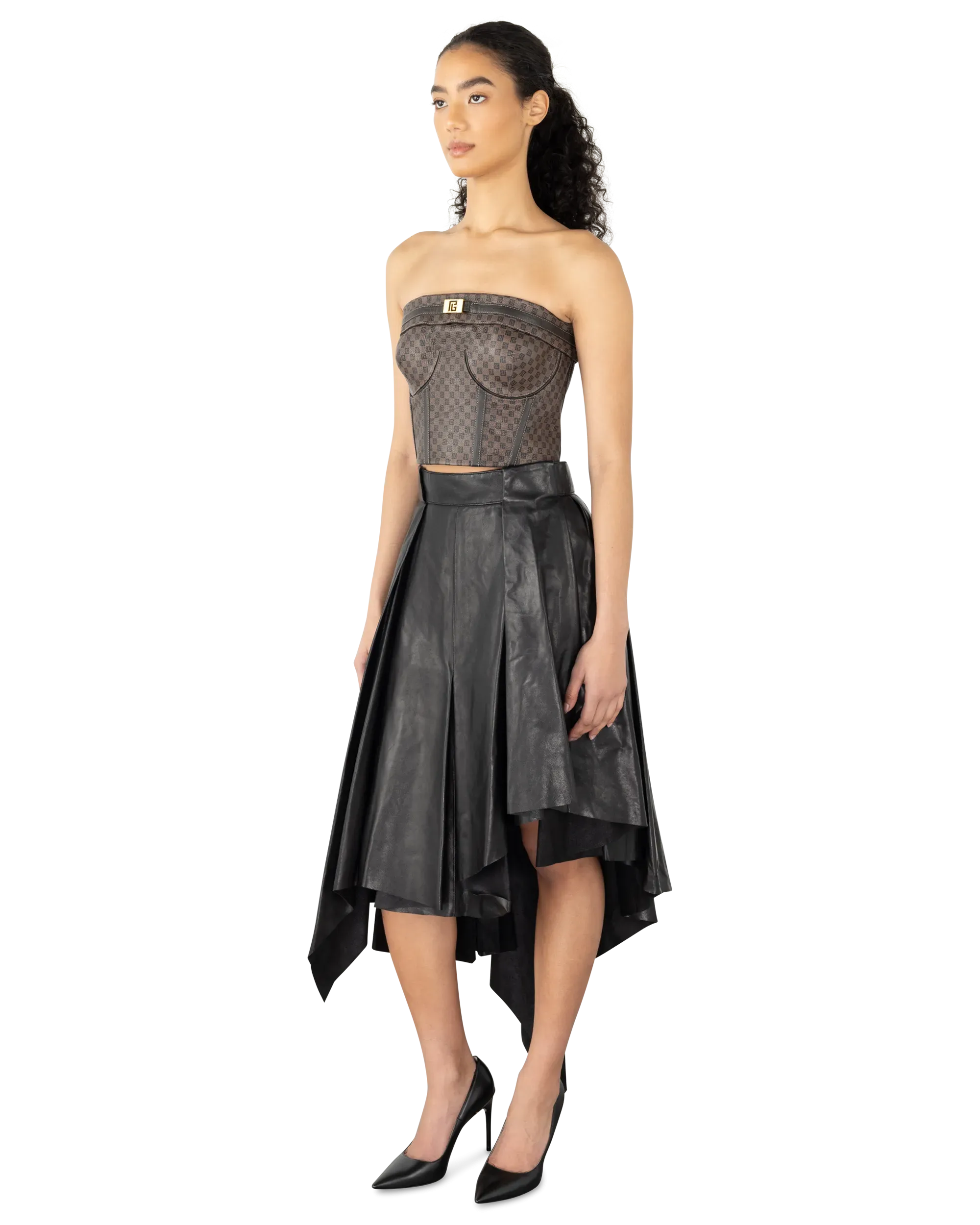 Asymmetrical Pleated Midi Leather Skirt