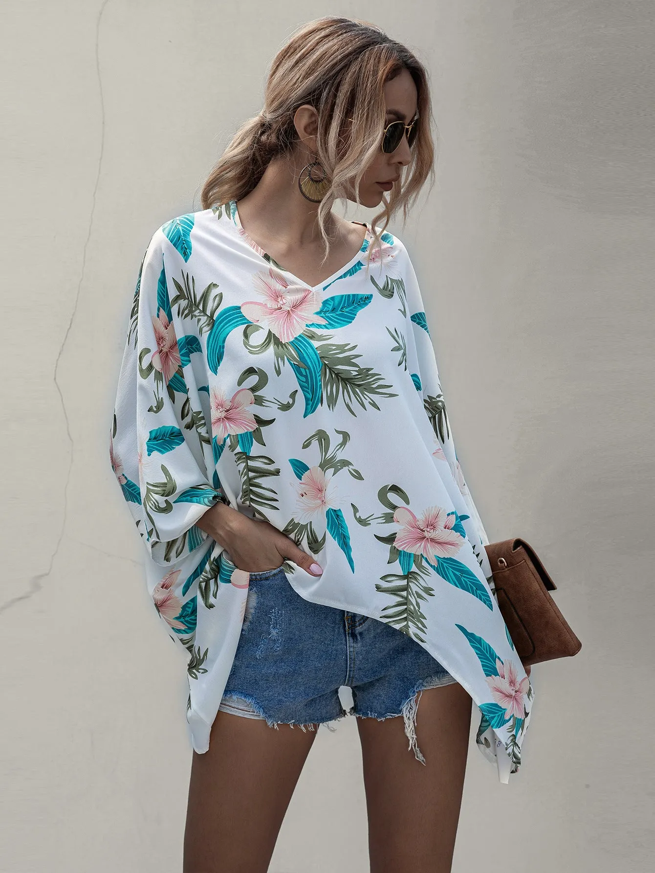 Bat Sleeve Floral Blouses