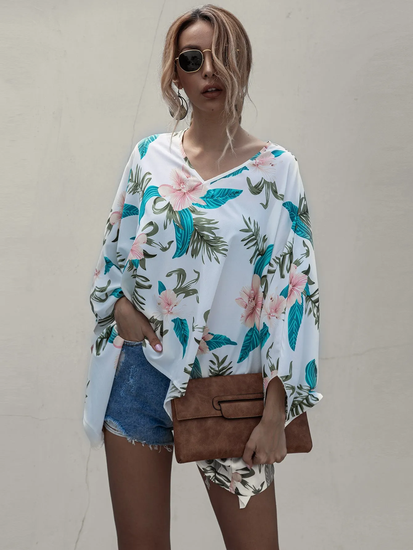 Bat Sleeve Floral Blouses