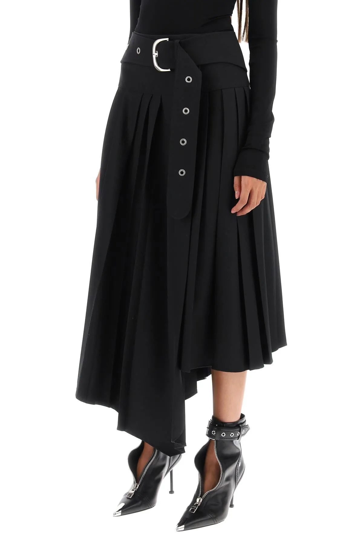 belted tech drill pleated skirt