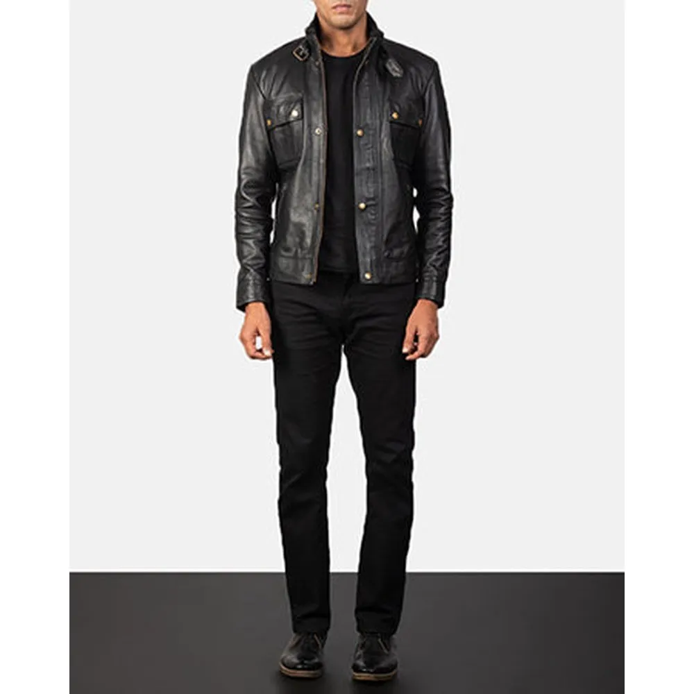 Brunce Black Leather Biker Jacket