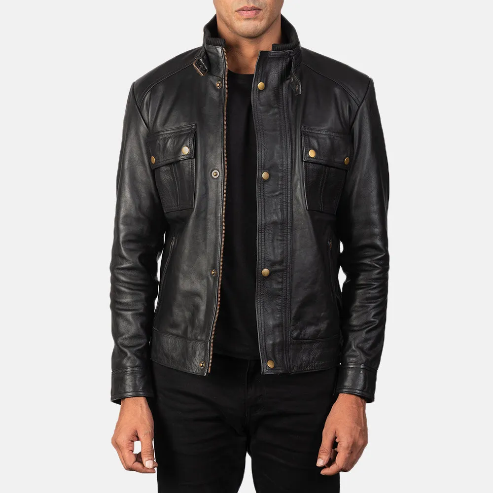 Brunce Black Leather Biker Jacket