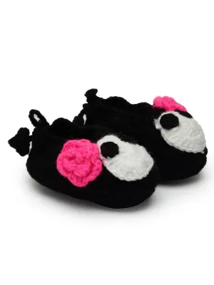 Chutput Kids Woollen Hand Knitted Cartoon Face Detailed Booties - Black