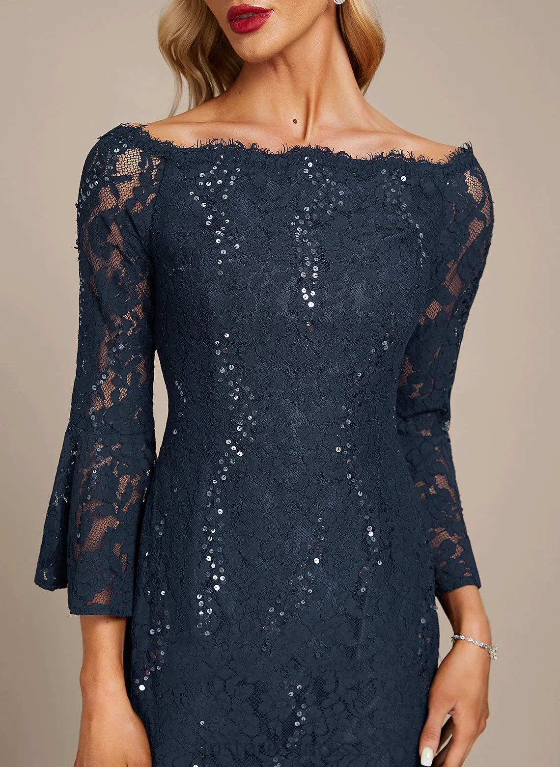 Cocktail Lace Off-the-Shoulder Knee-Length Sheath/Column Dress Sequins Alison With Cocktail Dresses