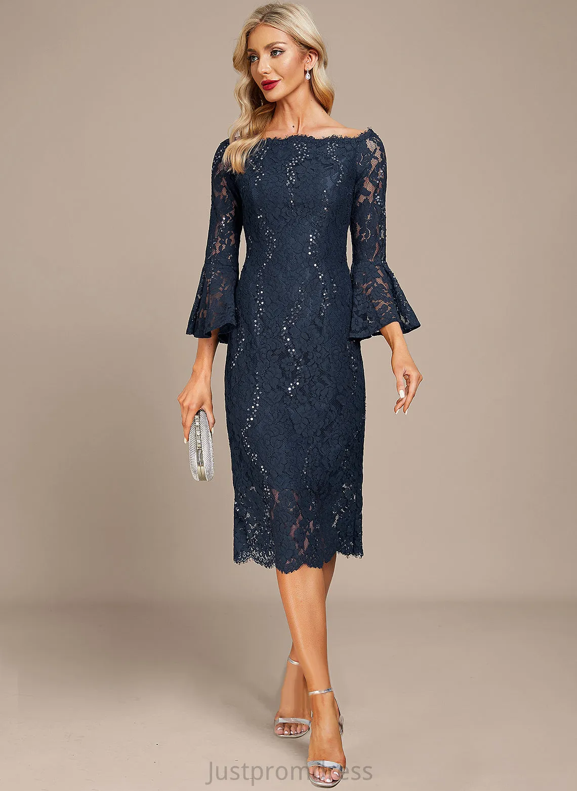 Cocktail Lace Off-the-Shoulder Knee-Length Sheath/Column Dress Sequins Alison With Cocktail Dresses