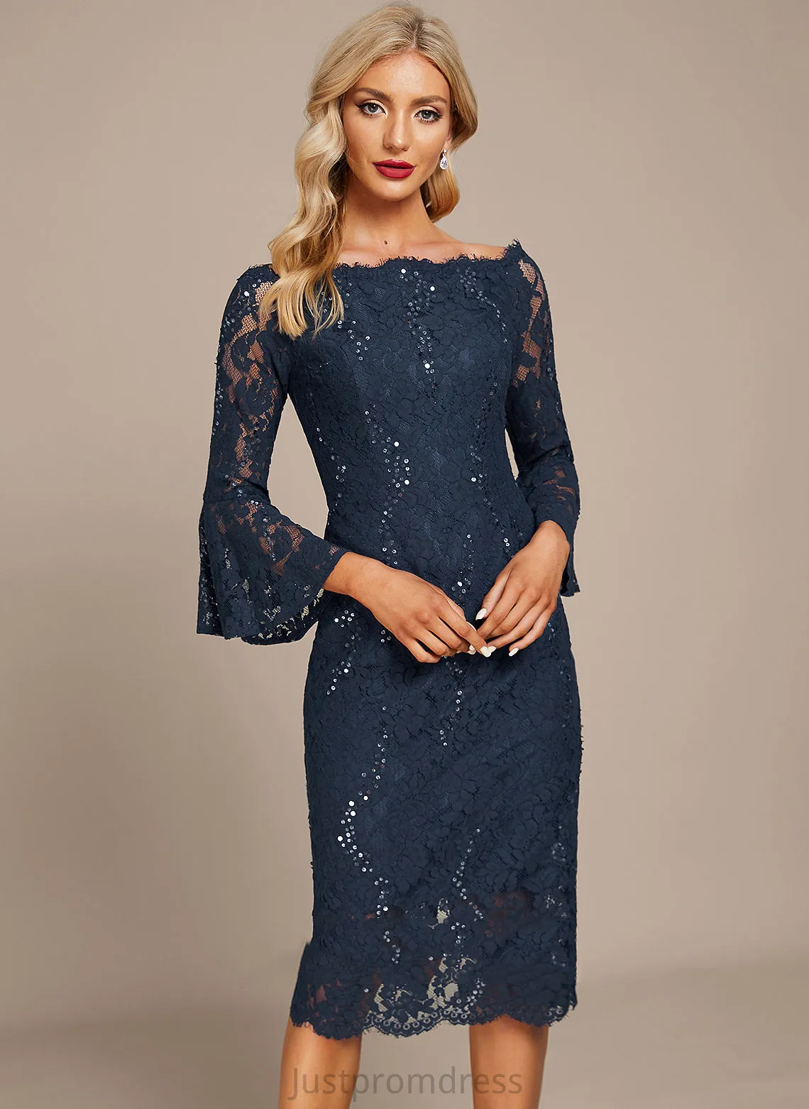 Cocktail Lace Off-the-Shoulder Knee-Length Sheath/Column Dress Sequins Alison With Cocktail Dresses