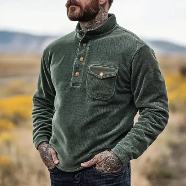 CORDUROY POCKET BUTTON STAND COLLAR LONG SLEEVE SWEATSHIRT