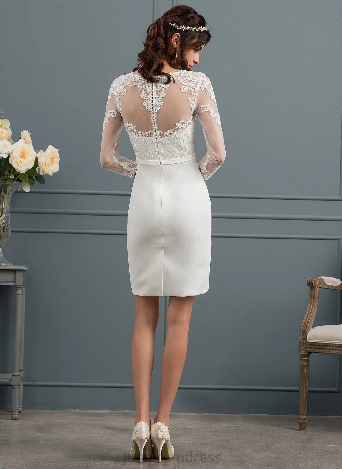 Crepe Sheath/Column Wedding Dresses Illusion With Wedding Paisley Stretch Sequins Knee-Length Dress Bow(s)