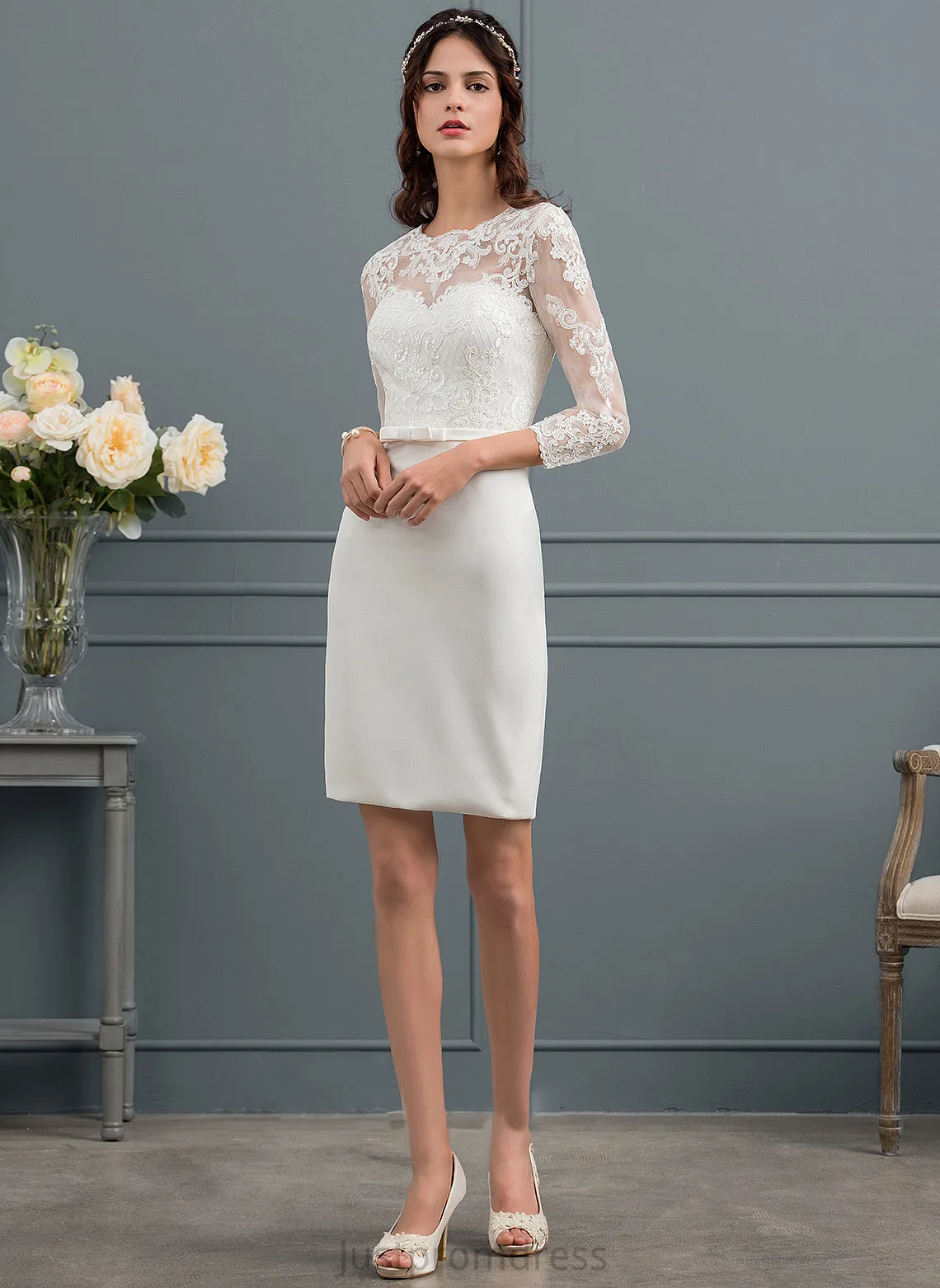 Dress Bow(s) Knee-Length With Lace Crepe Wedding Stretch Sheath/Column Wedding Dresses Setlla Illusion Sequins