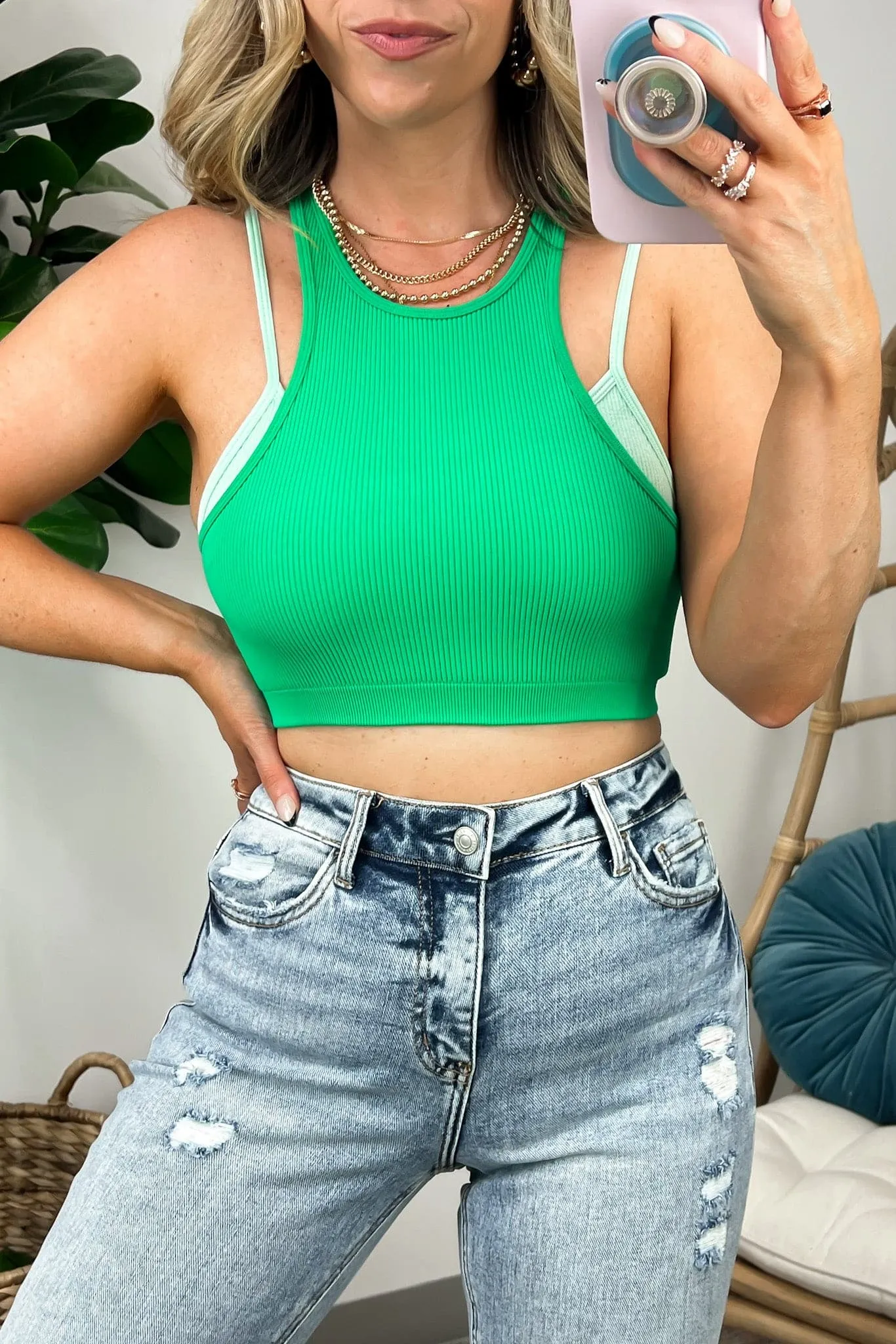 Esparza Ribbed Seamless Double Layer Tank Bra Top