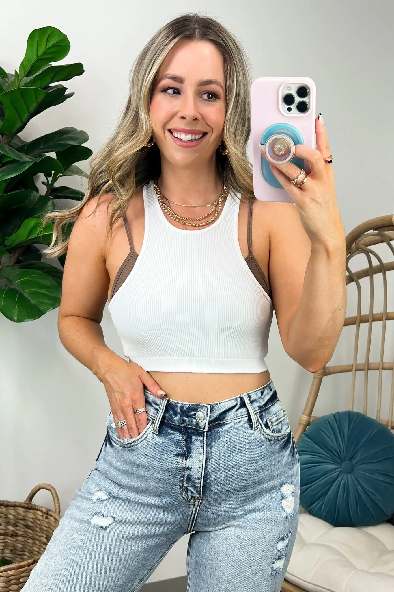Esparza Ribbed Seamless Double Layer Tank Bra Top