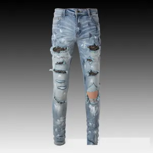 European And American Street Trendy Fashion New Men's Jeans Slim Fit Skinny Knife Ripped Patch Distressed