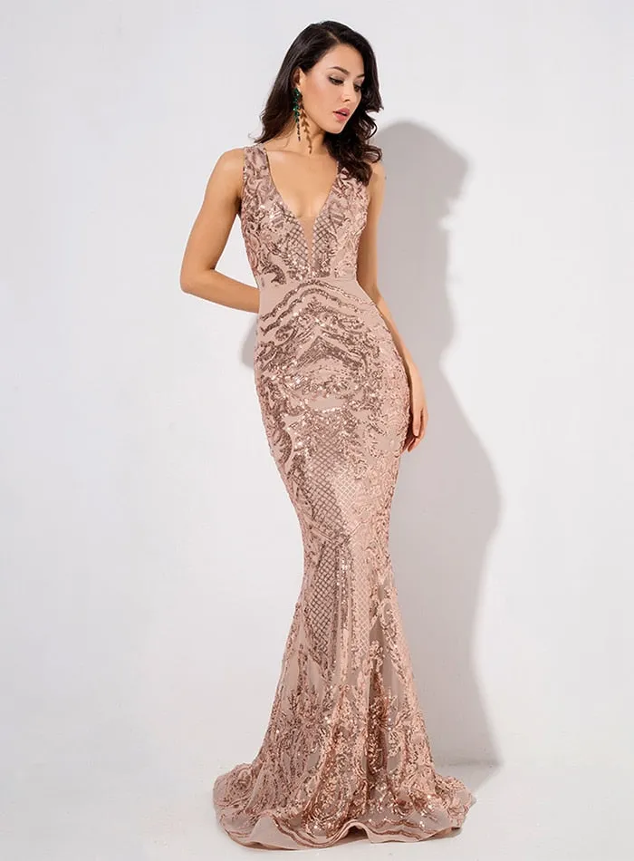 Flash Deep V-Neck Sleeveless Geometric Sequins Lining Mesh Dress For Ladies