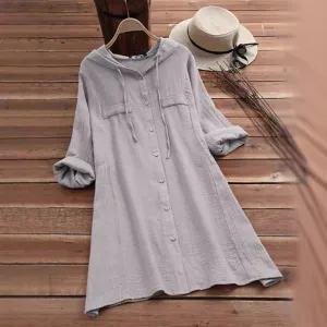 Hooded Loose Button Mid Length Long Sleeve Shirts Wholesale Womens Clothing N3824091200014