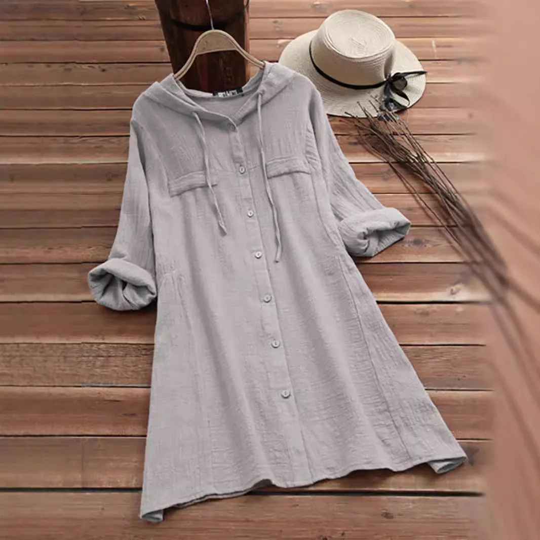 Hooded Loose Button Mid Length Long Sleeve Shirts Wholesale Womens Clothing N3824091200014