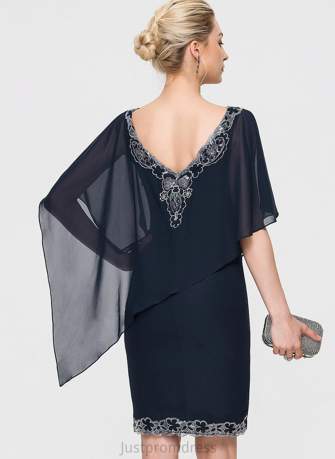 Knee-Length Glenda Lace V-neck Dress Chiffon Cocktail Dresses With Cocktail Sheath/Column Sequins