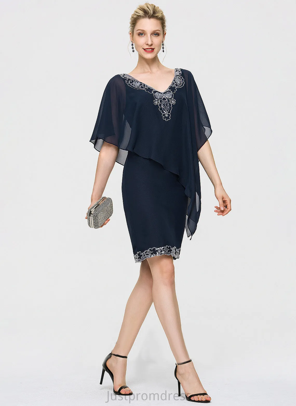 Knee-Length Glenda Lace V-neck Dress Chiffon Cocktail Dresses With Cocktail Sheath/Column Sequins