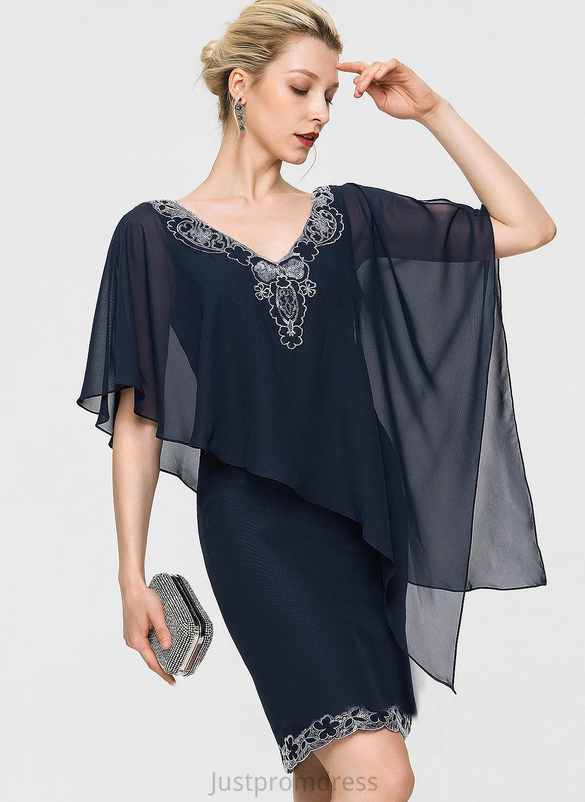 Knee-Length Glenda Lace V-neck Dress Chiffon Cocktail Dresses With Cocktail Sheath/Column Sequins