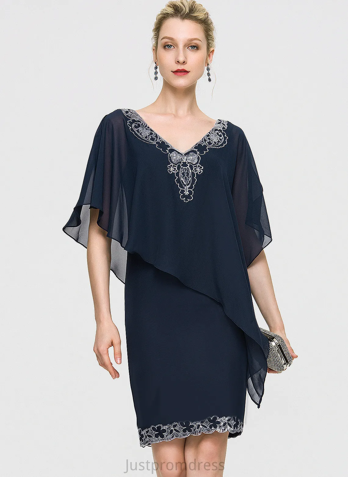 Knee-Length Glenda Lace V-neck Dress Chiffon Cocktail Dresses With Cocktail Sheath/Column Sequins