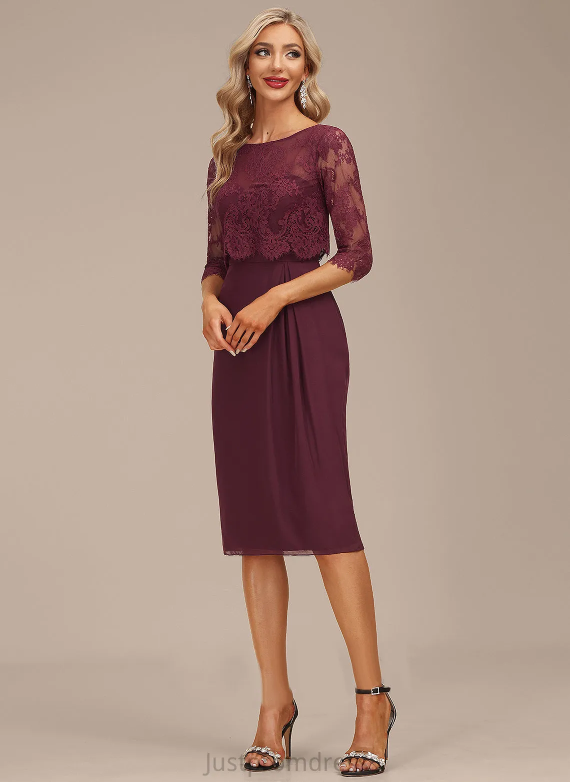 Knee-Length Ruffle Sheath/Column Neck Dress Scoop Martina Cocktail Dresses Chiffon Lace Cocktail With