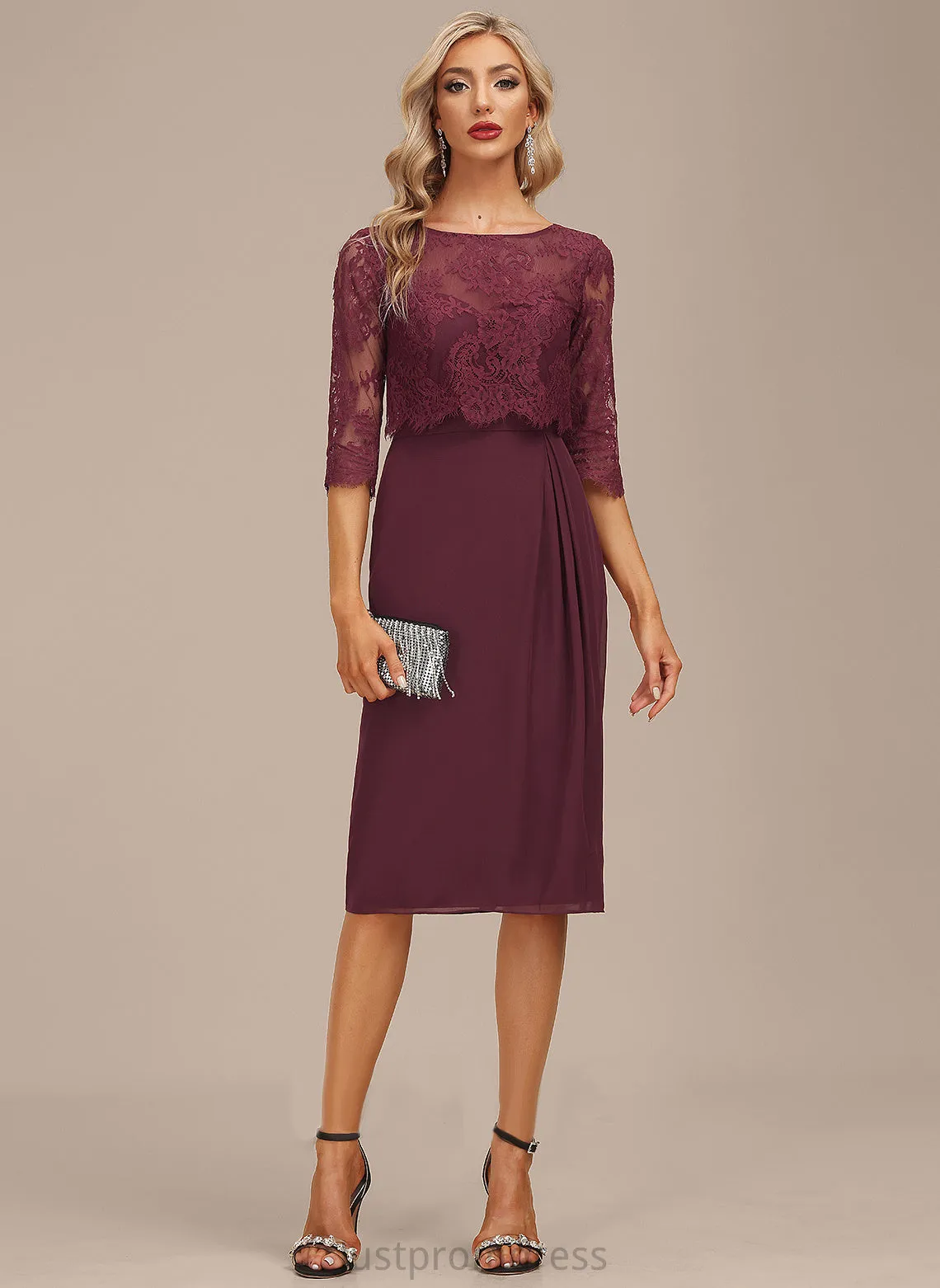 Knee-Length Ruffle Sheath/Column Neck Dress Scoop Martina Cocktail Dresses Chiffon Lace Cocktail With