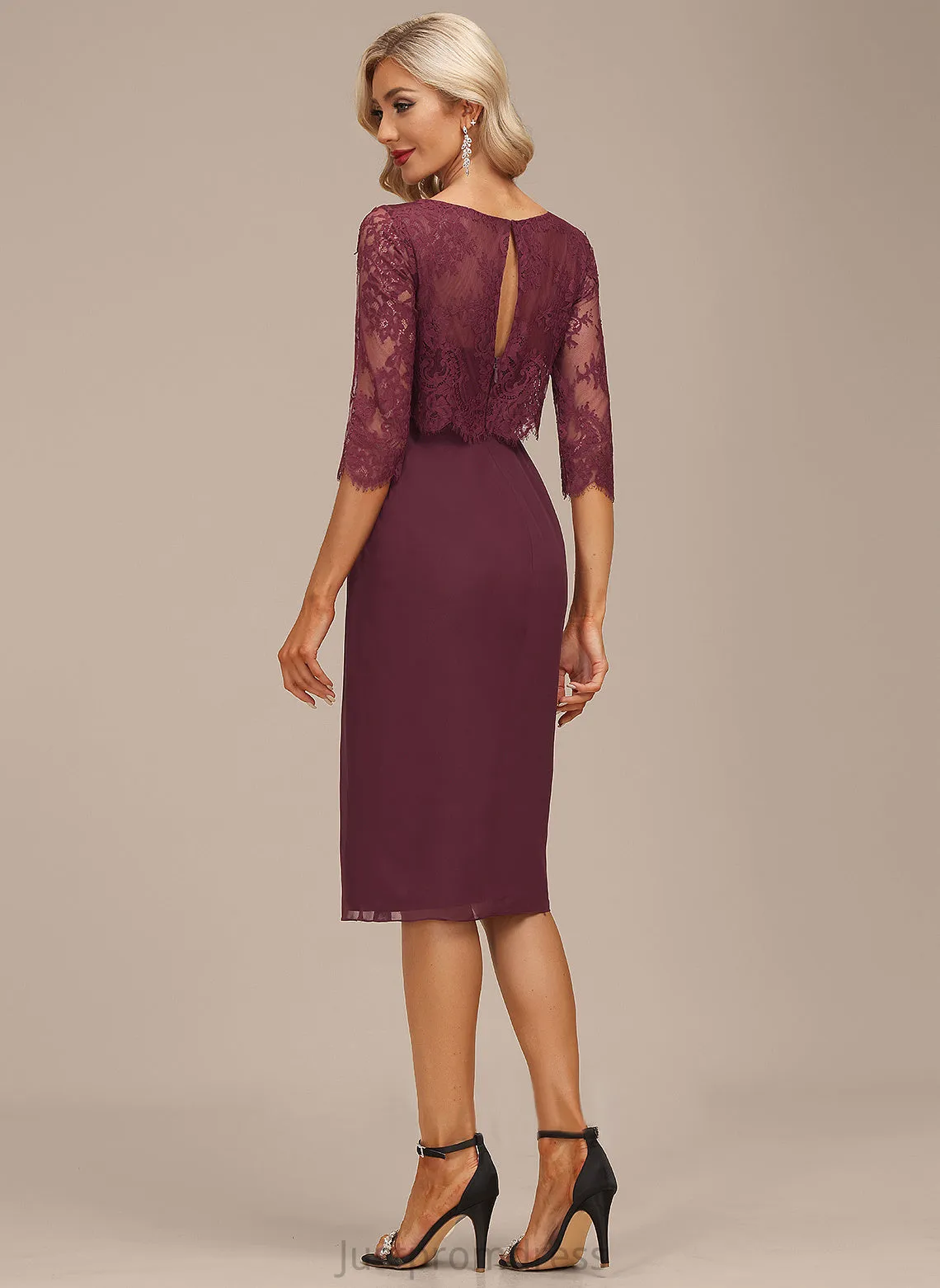 Knee-Length Ruffle Sheath/Column Neck Dress Scoop Martina Cocktail Dresses Chiffon Lace Cocktail With