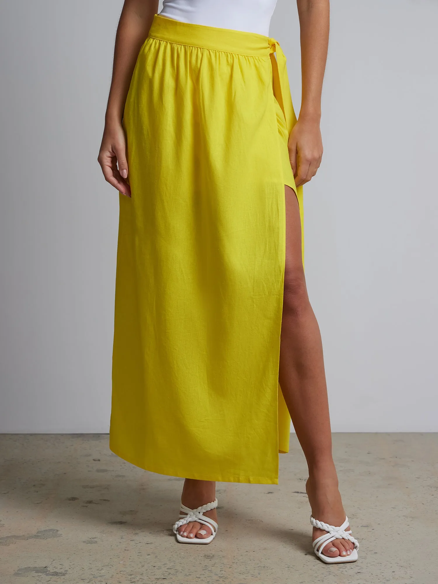Linen-Blend Belted Wrap Maxi Skirt