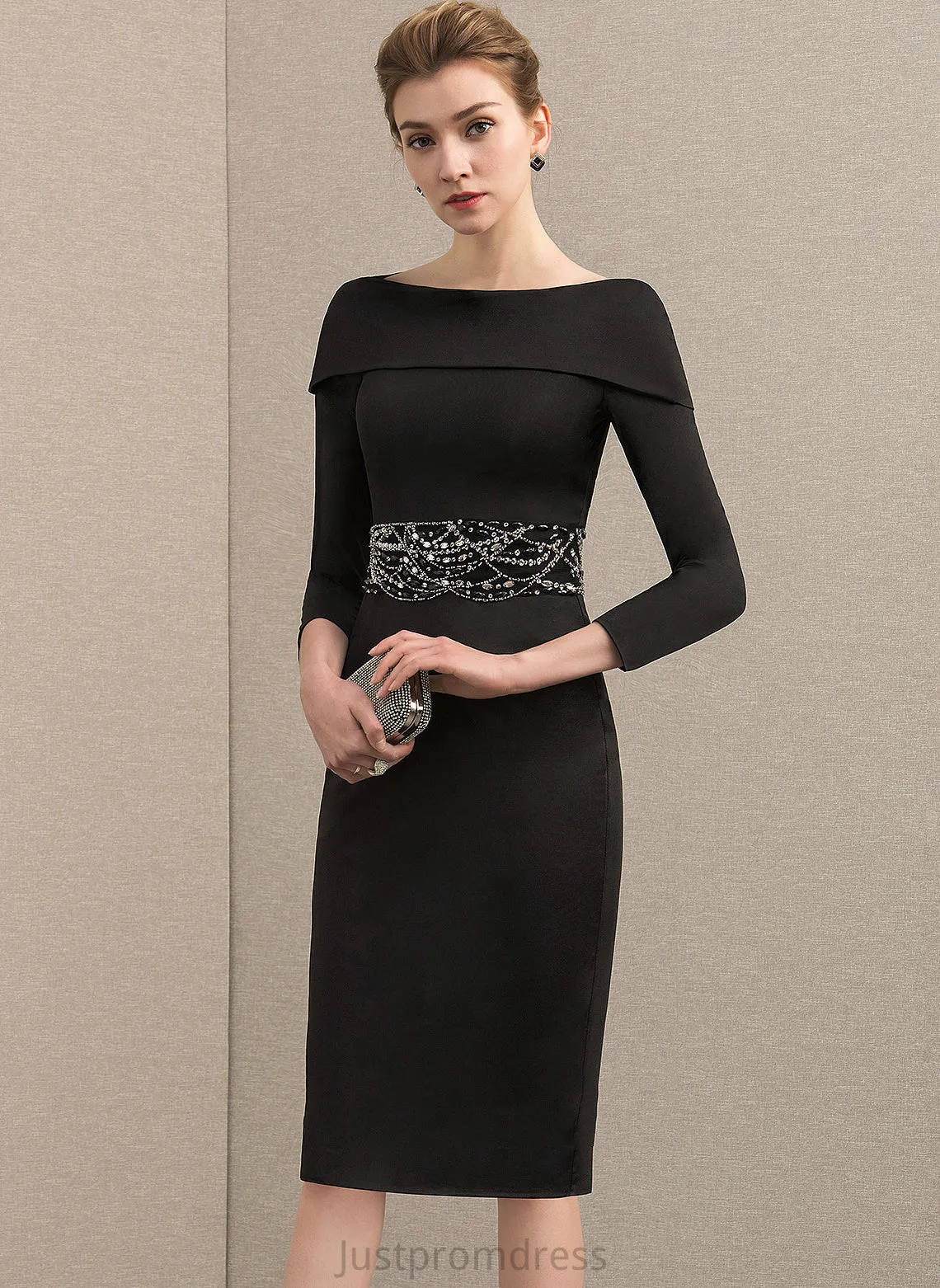 Maggie Knee-Length Beading Off-the-Shoulder Sequins Jersey Sheath/Column With Dress Cocktail Cocktail Dresses