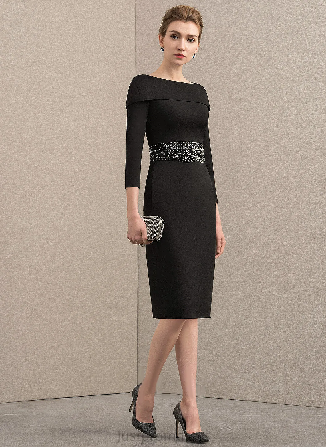 Maggie Knee-Length Beading Off-the-Shoulder Sequins Jersey Sheath/Column With Dress Cocktail Cocktail Dresses