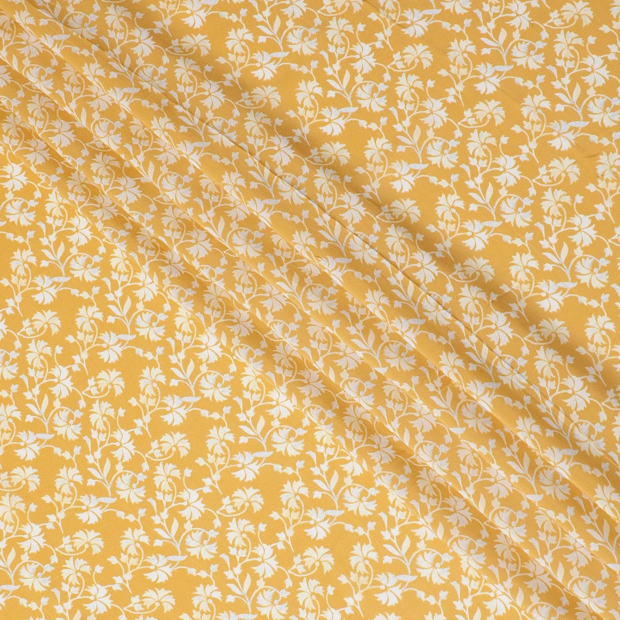 Marigold Bliss Viscose Crepe Fabric - White Floral Print on Sunny Yellow, 110cm Width (India)  - D17641