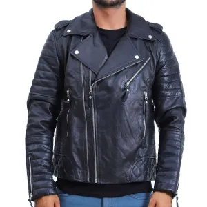 Mens Biker Quilted Lambskin Black Leather Jacket