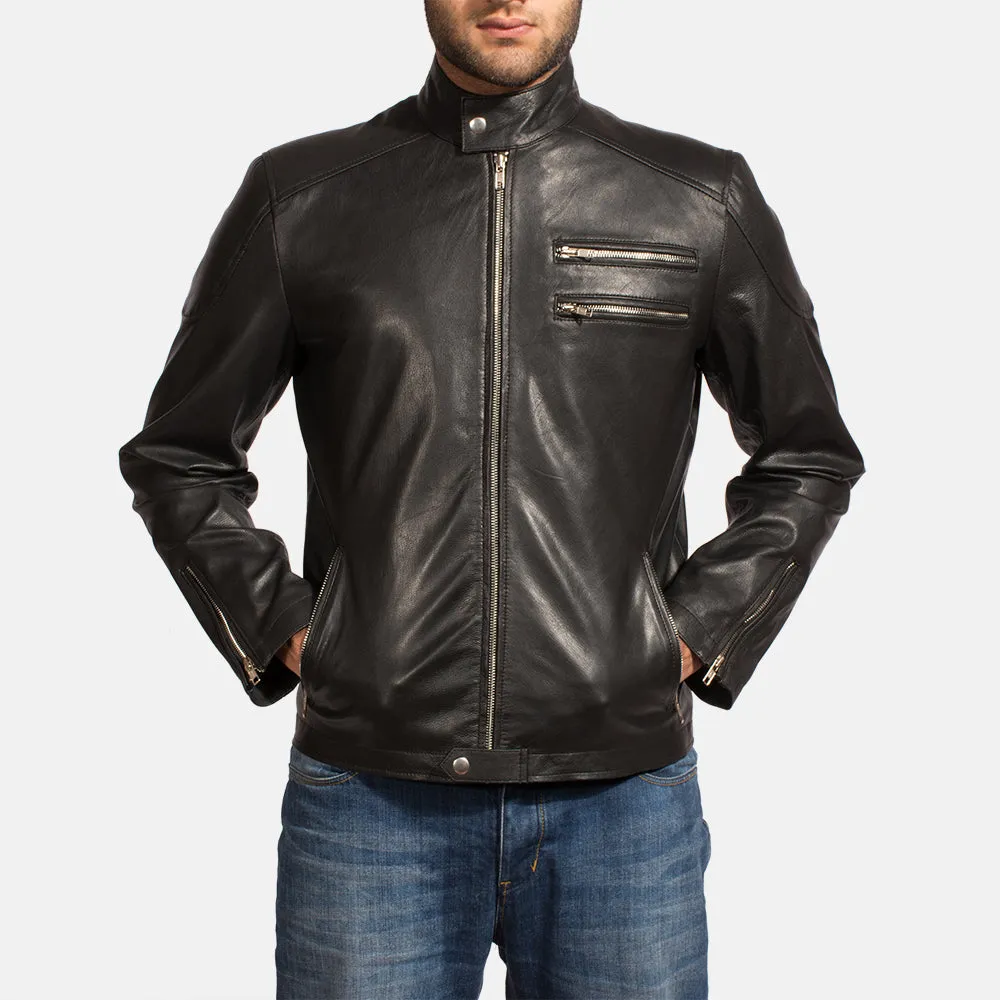 Onyx Black Leather Biker Jacket Up to 5XL