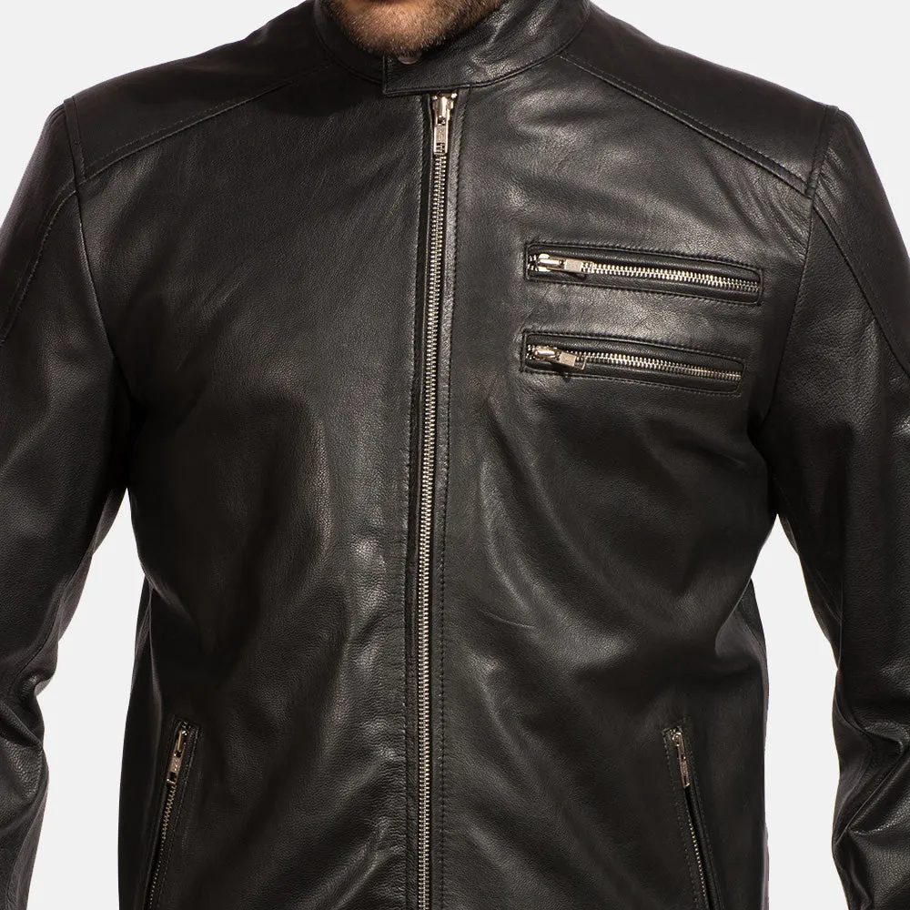 Onyx Black Leather Biker Jacket Up to 5XL