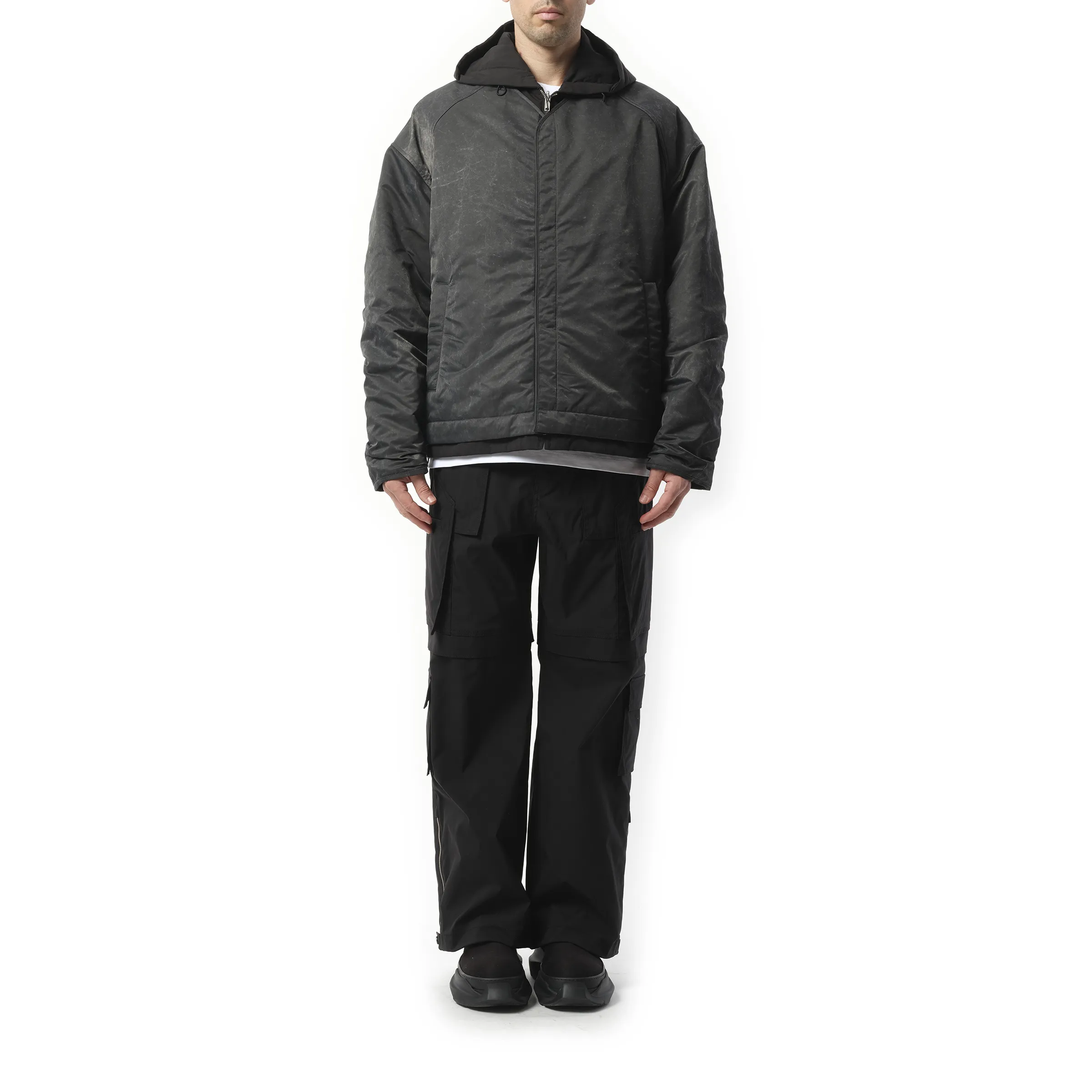 Padded Cardigan Layered Hoodie Zip-Up Jumper in Black
