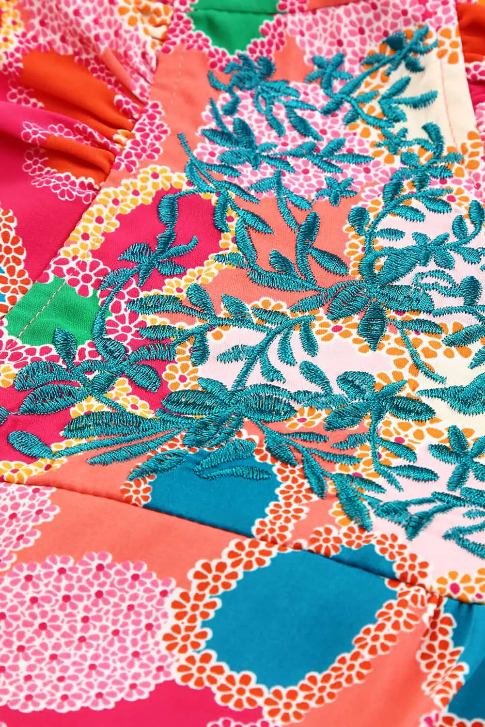 Pink Embroidered Detail Floral Print Ruffle Trim Tank Top