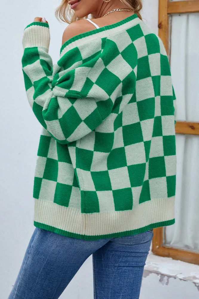 Plaid Front Open Button Sweater Cardigans