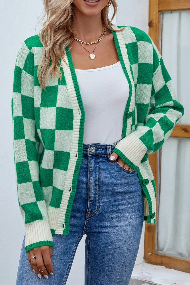 Plaid Front Open Button Sweater Cardigans