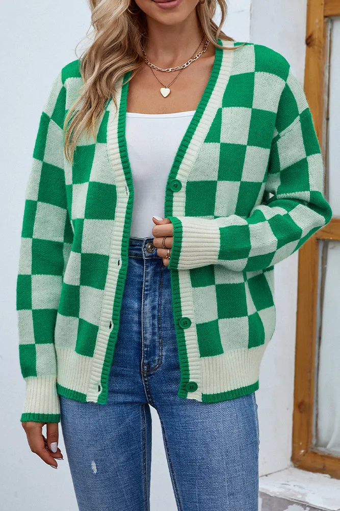 Plaid Front Open Button Sweater Cardigans