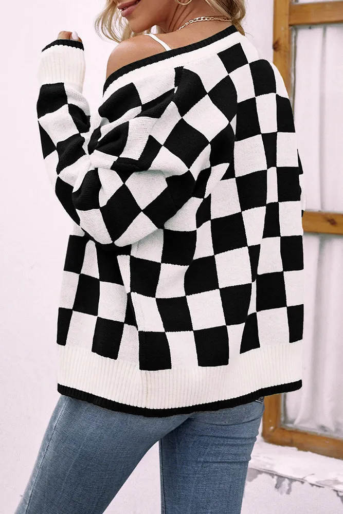 Plaid Front Open Button Sweater Cardigans