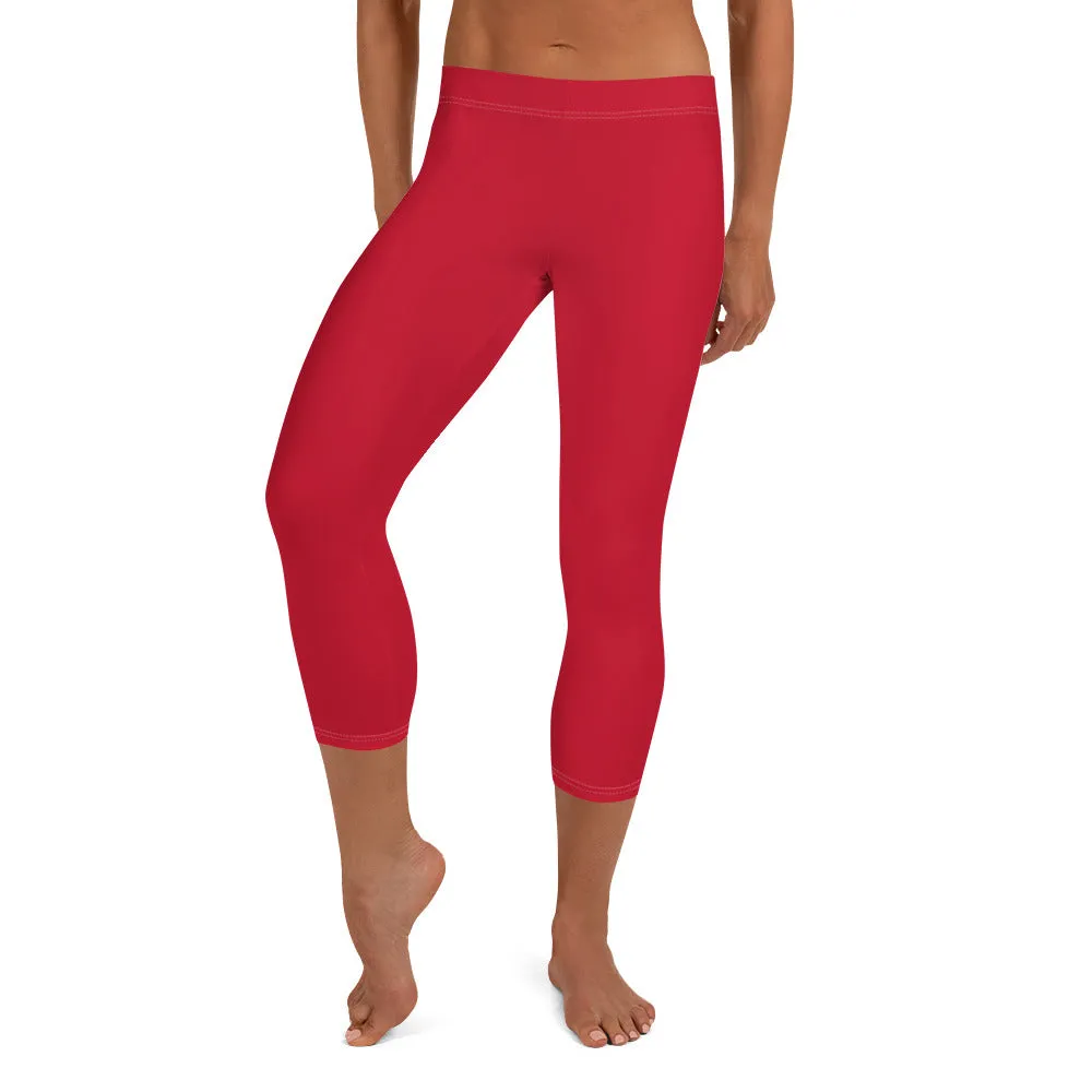 Red Women's Capri Leggings, Modern Solid Color Capris Casual Tights-Made in USA/EU