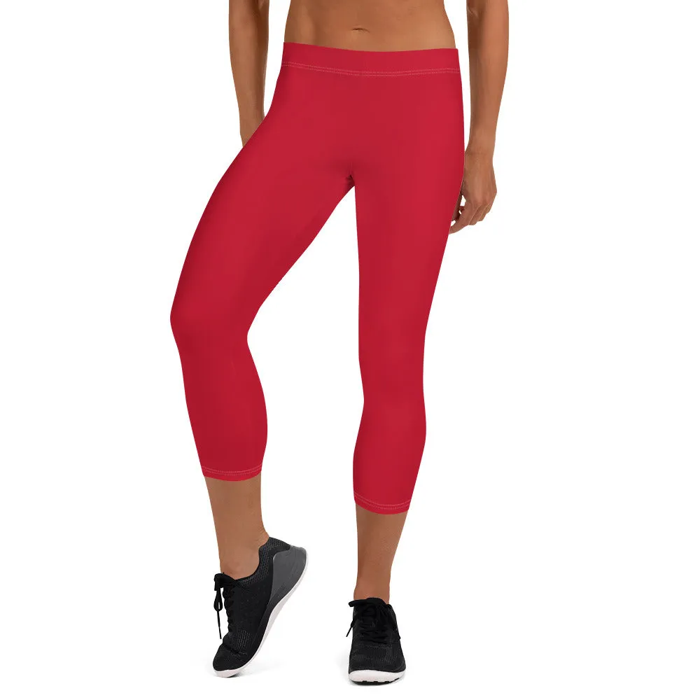 Red Women's Capri Leggings, Modern Solid Color Capris Casual Tights-Made in USA/EU