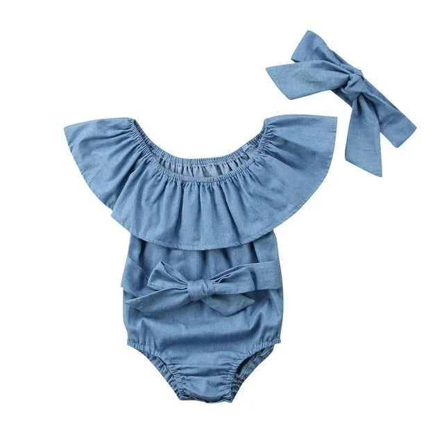 Ruffle Sleeveless Bowknot Cotton Babies Rompers with Headband