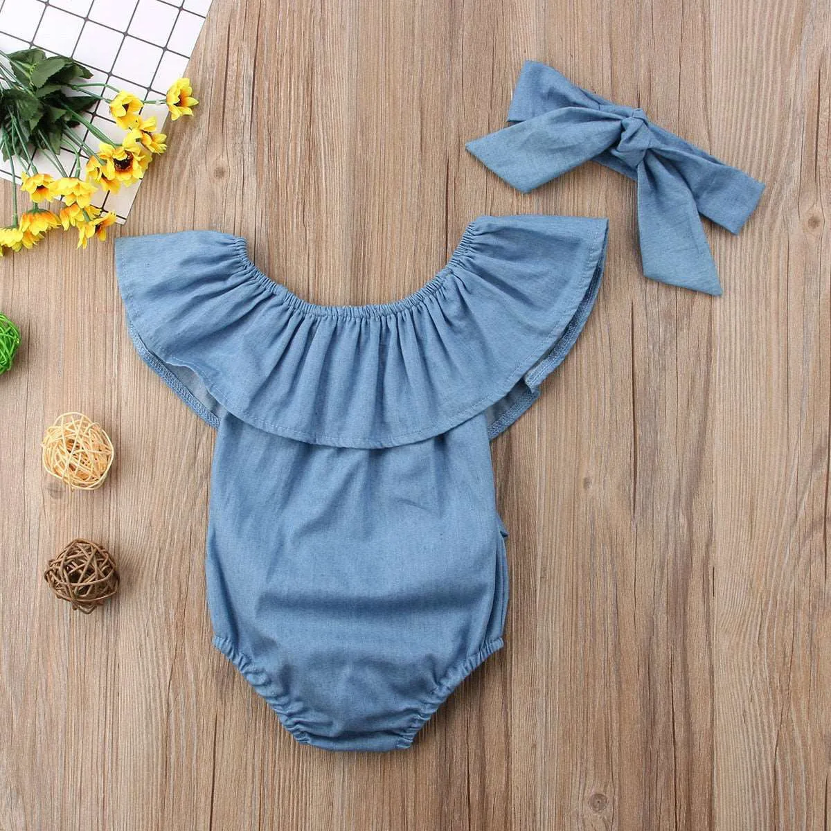 Ruffle Sleeveless Bowknot Cotton Babies Rompers with Headband