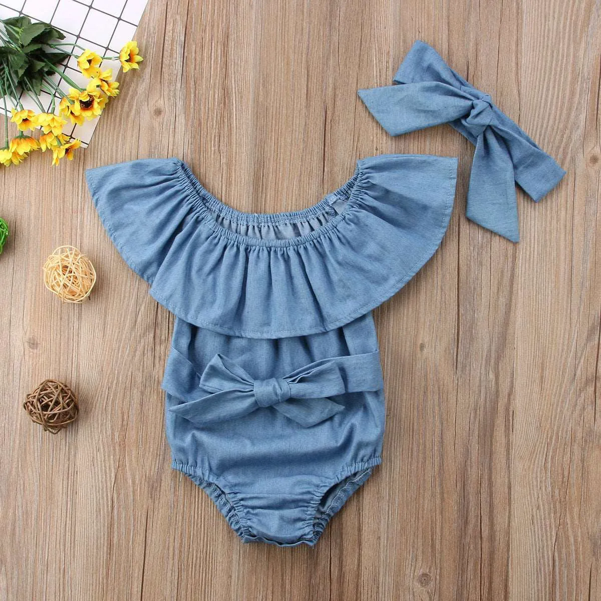 Ruffle Sleeveless Bowknot Cotton Babies Rompers with Headband