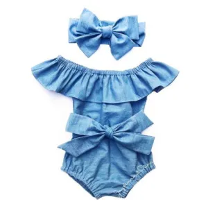 Ruffle Sleeveless Bowknot Cotton Babies Rompers with Headband