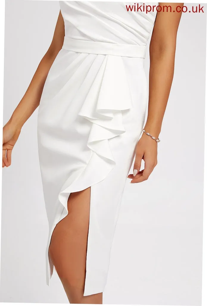 Split Front Ruffle Cocktail Sheath/Column Dress Knee-Length Crepe One-Shoulder With Rachael Stretch Cocktail Dresses